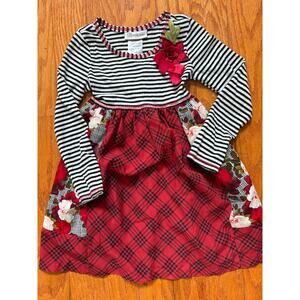 Bonnie Jean - Black/White Stripes & Red Floral Plaid Holiday Dress Size 5